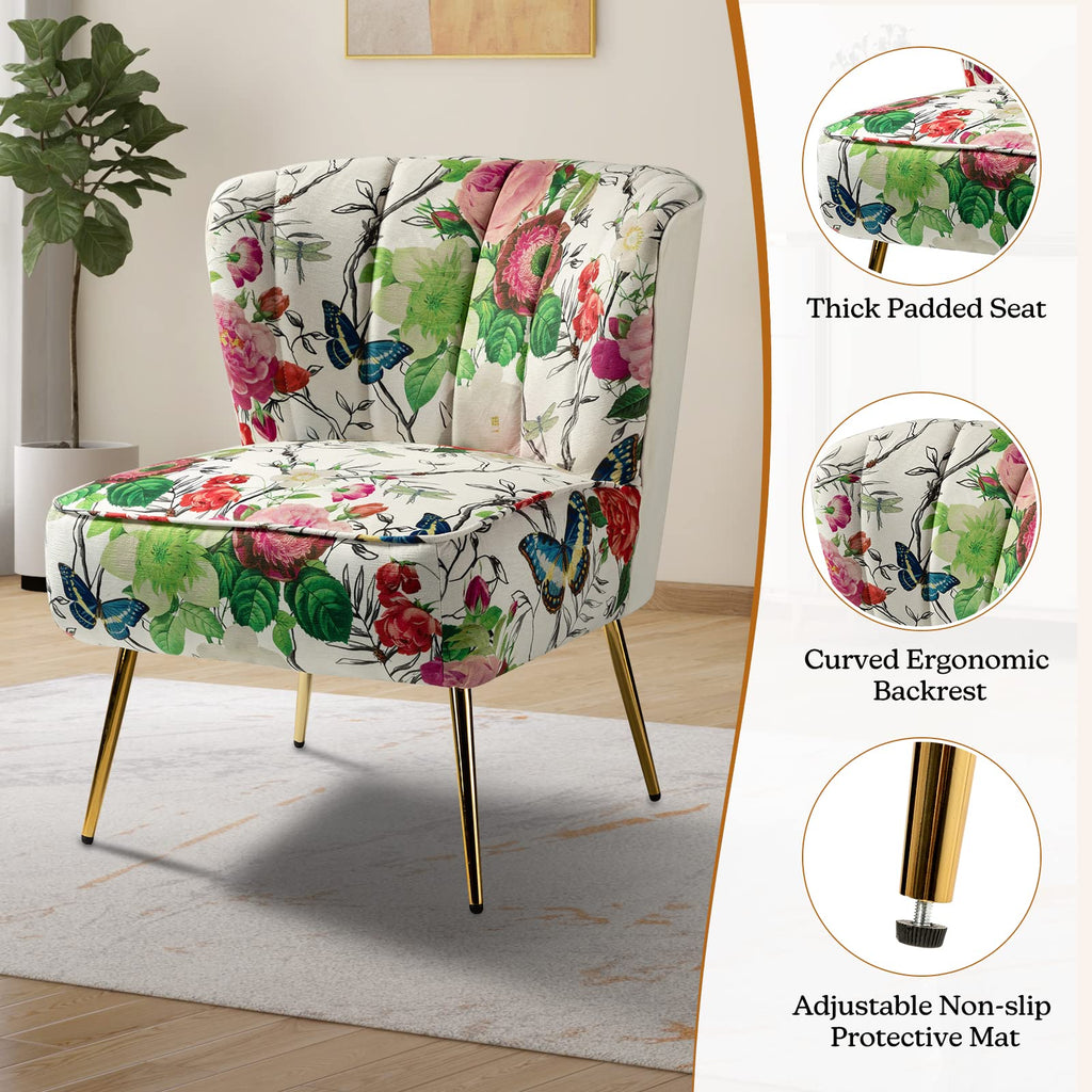 Armless Accent Chair with Gold Metal Legs, Comfy Tufted Floral Fabric Living Room Chair Wingback Small Side Chair, Upholstered Slipper Chair for Bedroom, Reading Room (Print Flower, IVORY)