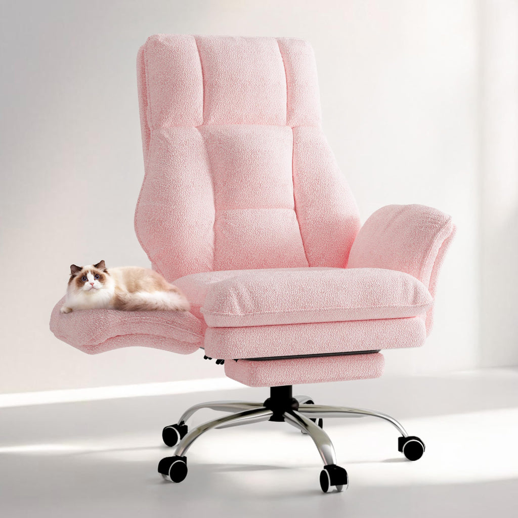 Big and Tall Office Chair, Flip Armrests for Pets & Cross Legged Sitting, Executive Ergonomic Computer Gaming Chair with Foot Rest, Teddy Fleece Wide Seat Reclining Desk Chair, Pink