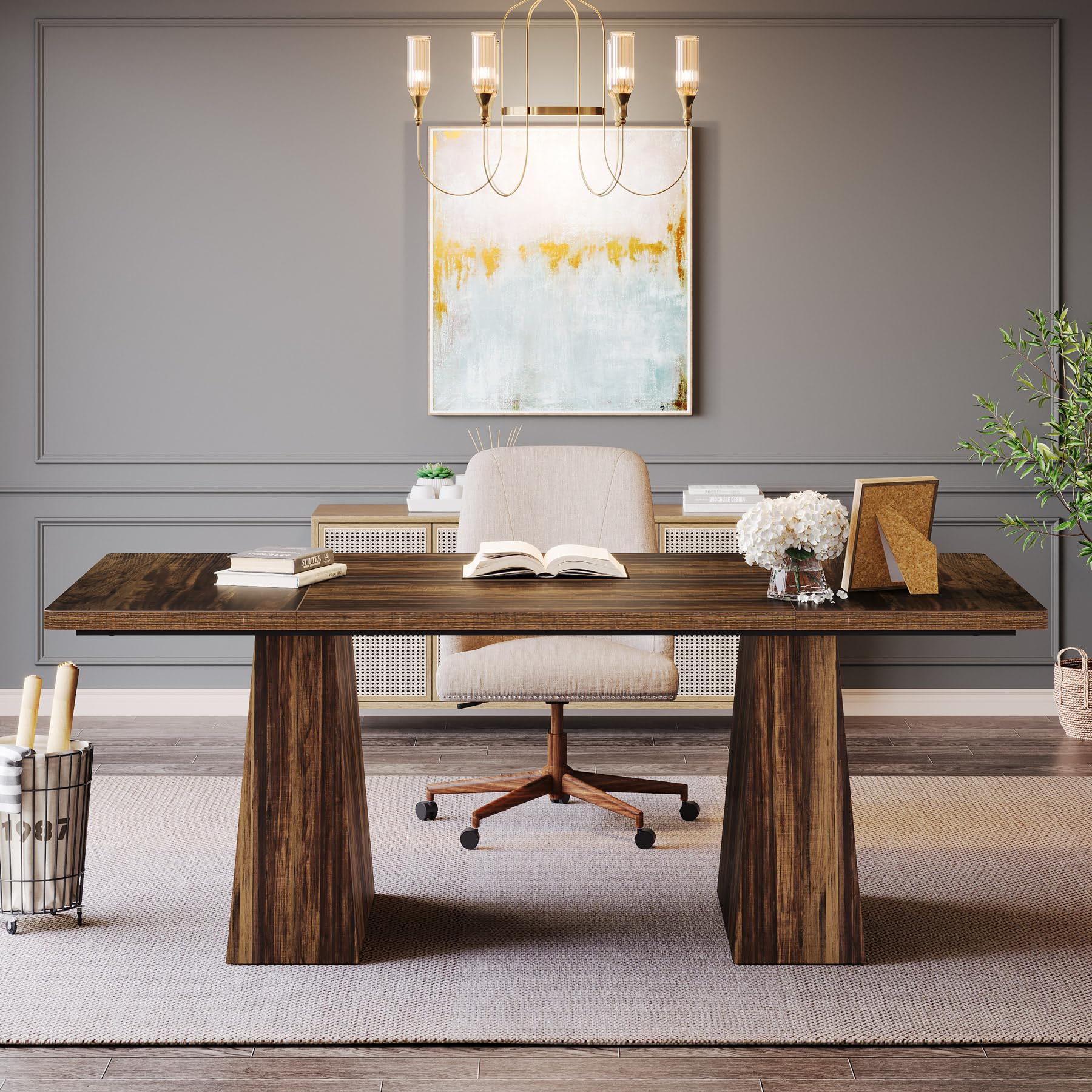 63-Inch Executive Desk, Large Office Computer Desk with Double Pedestal, Modern Simple Workstations Writing Table Conference Table Business Furniture for Home Office, Rustic Brown