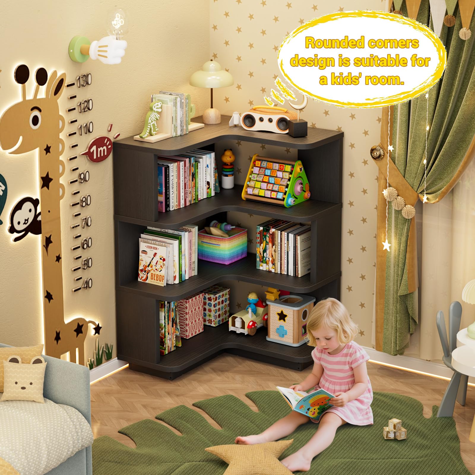 Corner Book Shelf, 4-Shelf L Shaped Corner Bookshelf with Baffle