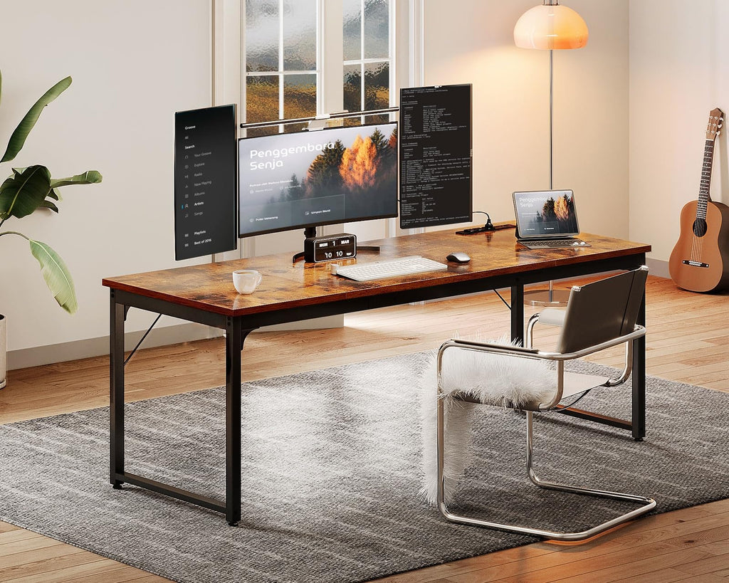 71 Inch Computer Desk with USB Ports, Large Office Desk, Long Study Student Writing Desk, Rustic Brown
