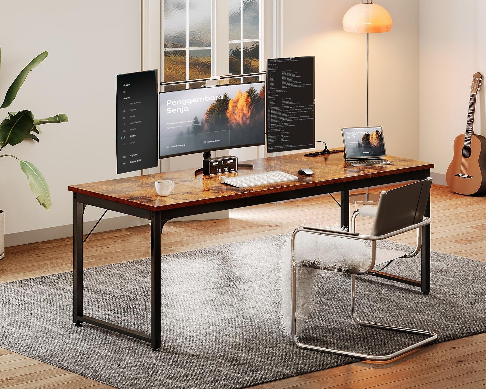 71 Inch Computer Desk with USB Ports, Large Office Desk, Long Study Student Writing Desk, Rustic Brown