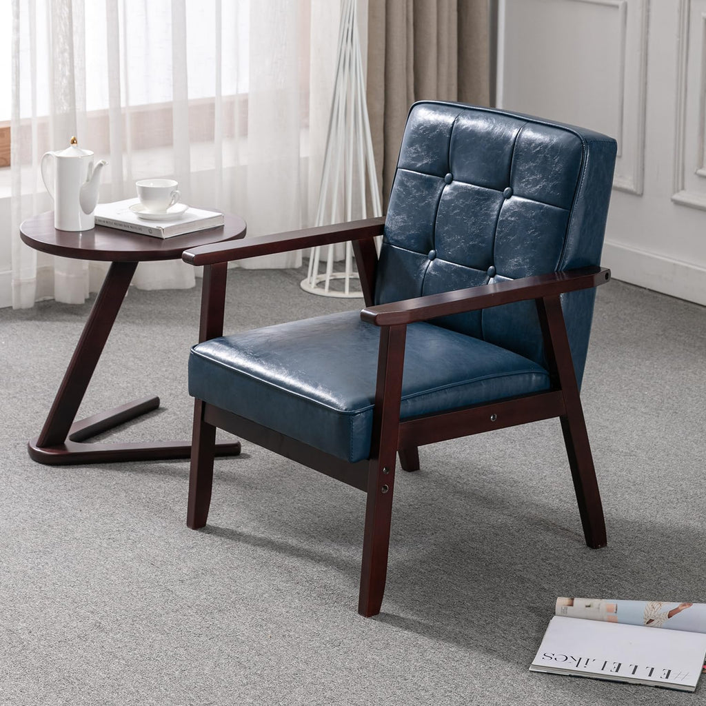Accent Chairs Set of 2, Mid Century Modern Accent Chair, Retro Wood and Leather Armchairs Side Chair, Lounge Reading Comfy Arm Chair for Living Room, Bedroom, Office (Blue)