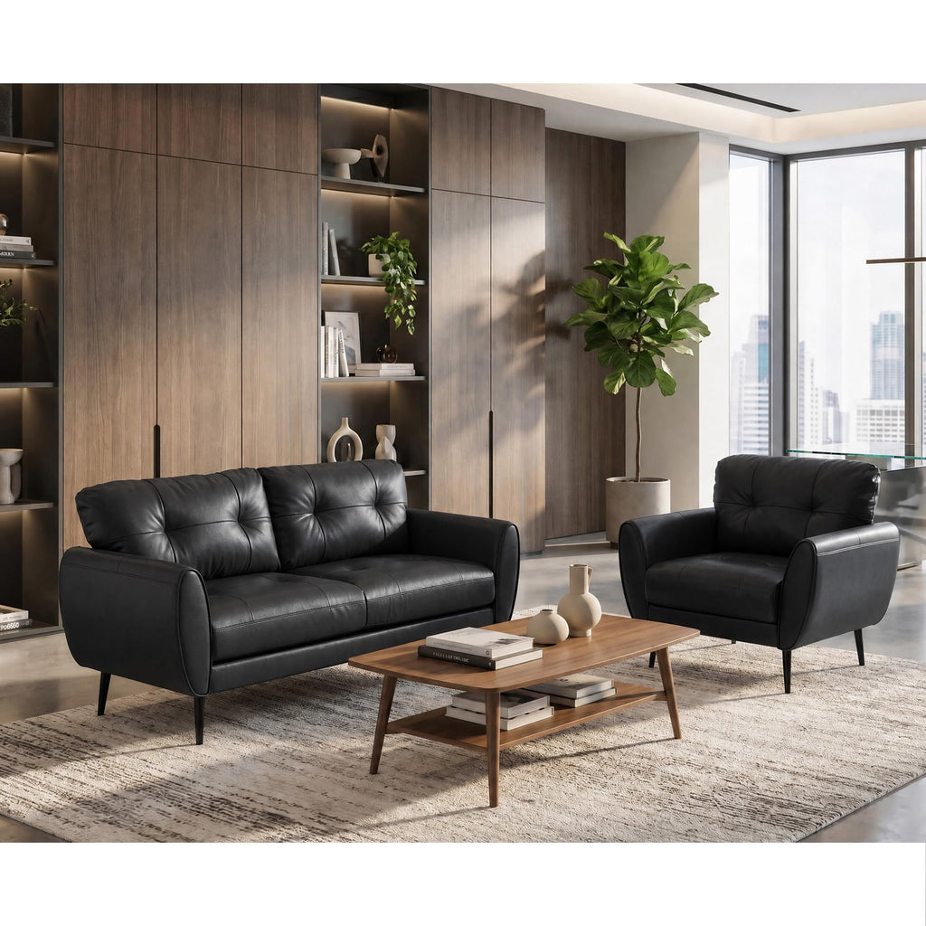 Sofa Couch 61" Small Loveseat Couches for Living Room Leather Couch Mid Century Modern Tufted Mini Sofa Comfy Office 2 Seat Settee Love Seat for Small Spaces Bedroom (2, Black)
