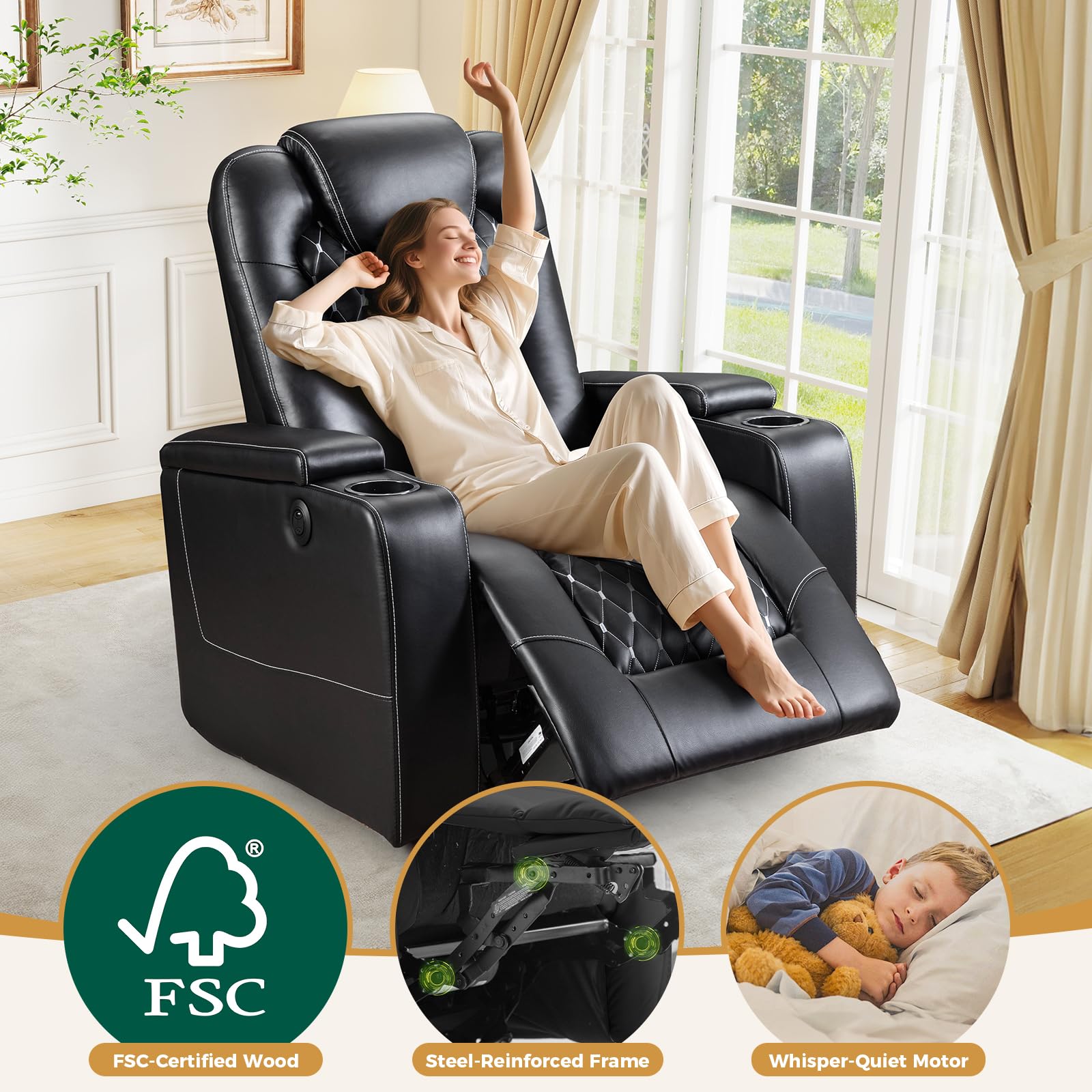 Power Recliner Chair with USB Ports and Cup Holders - Overstuffed Electric Home Theater Seating PU Leather Reclining Furniture with Hidden Arm Storage, Easy to Clean (Black)