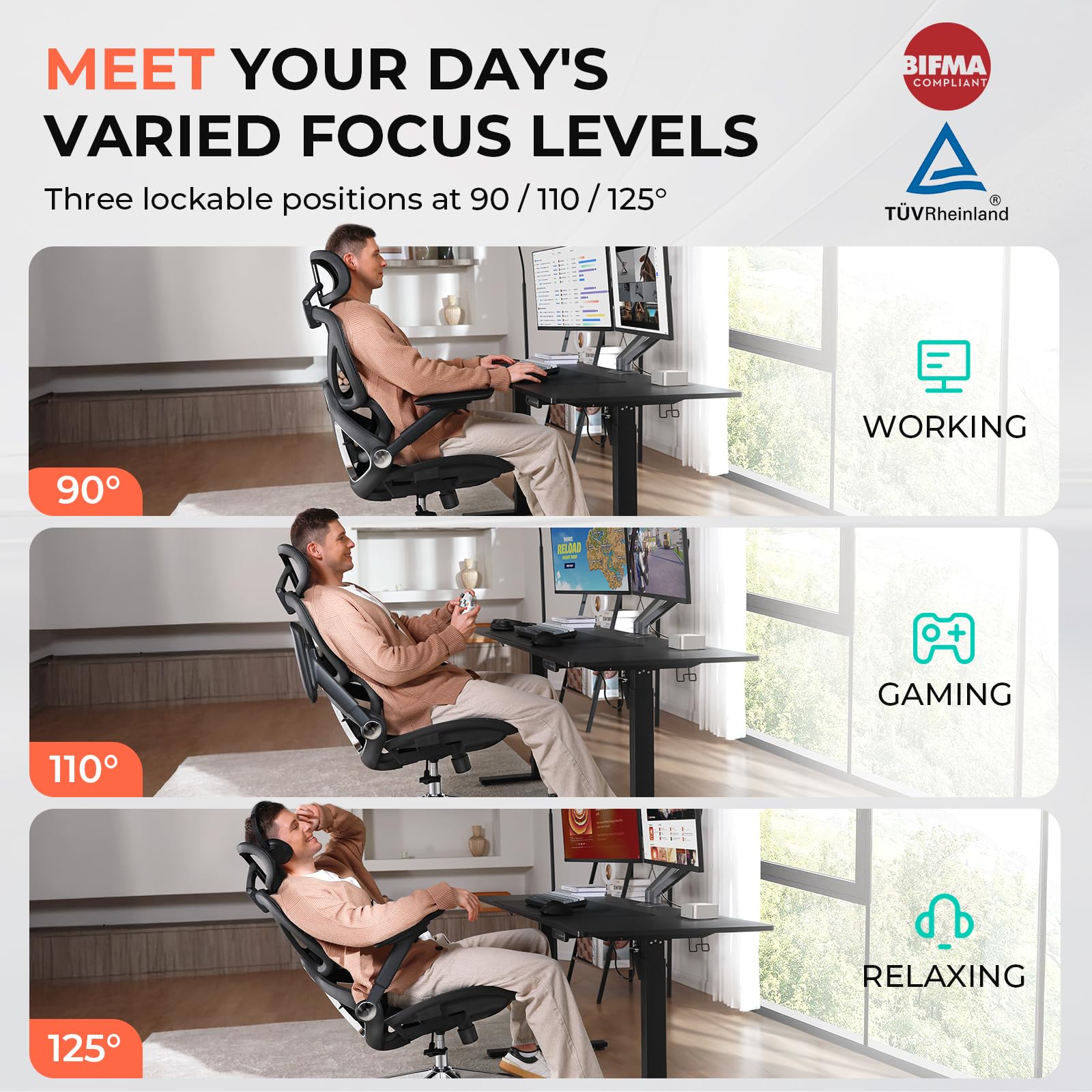 Ergonomic Mesh Office Chair, Adjustable Lumbar High Back Desk Chair 400lbs, 4D Flip-up Arms, 3-Level Tilt Backrest, 3D Headrest, PU Wheels, Swivel Rolling Computer Seating for Long Desk Work