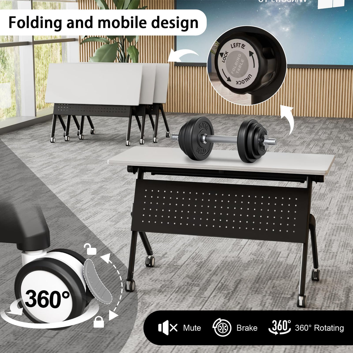 Conference Room Tables White,Folding Rectangular Flip Top Conference Table with Wheels for Large Meeting Seminar Home Office Classr (4, White&Black, 55.1in)
