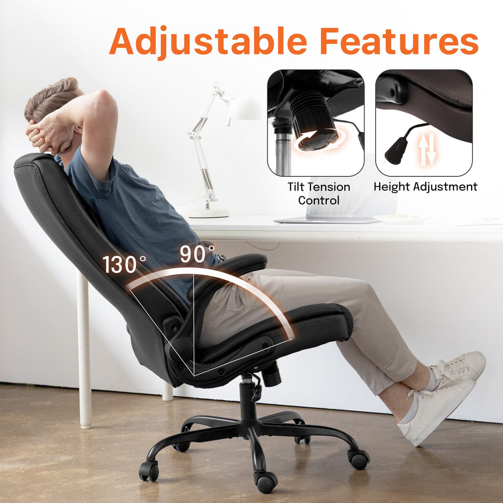 Office Desk Gaming Computer Home Chair Ergonomic Executive High Back Support Flip-up Arms Adjustable Height Swivel Rolling Wheels Comfy PU Leather (Black)