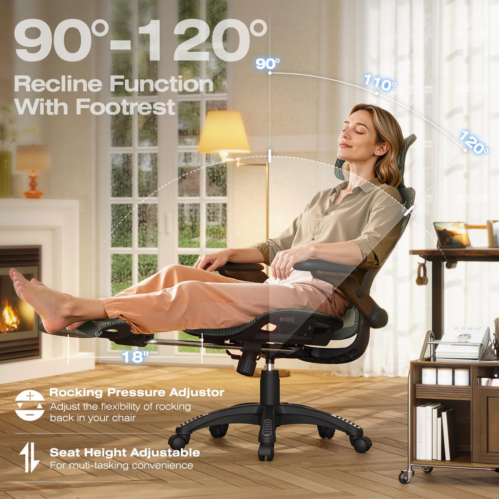 X100 Ergonomic Mesh Office Chair with Footrest, Big and Tall Hone Desk Chair with 5D Flip-Up Arms, Adjustable 3D Lumbar Support,Gaming & Executive Computer Chairs