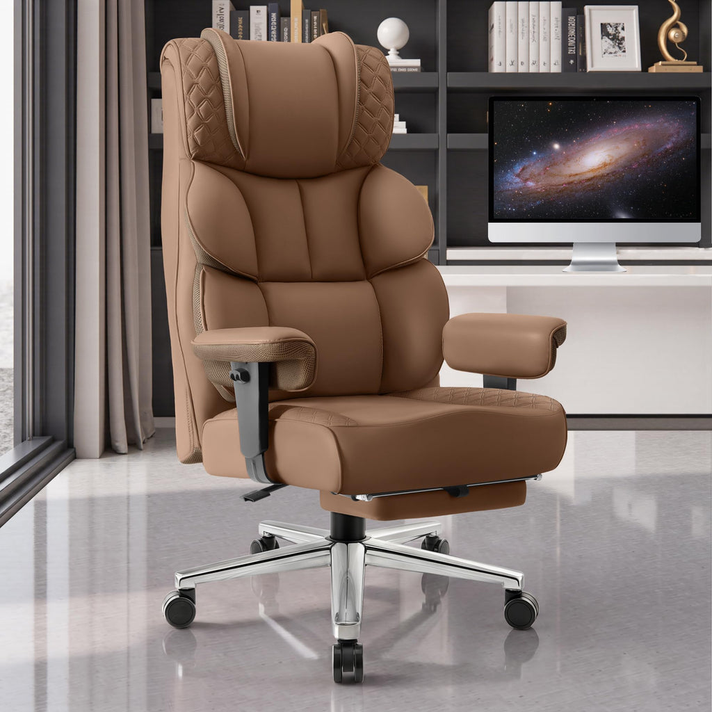 Office Desk Chair, Big and Tall Leather Gaming Chair with Footrest, Ergonomic Comfy Executive High-Back Reclining Computer Chairs, Wide Swivel Rolling Wheels and Padded Lumbar Support, Khaki