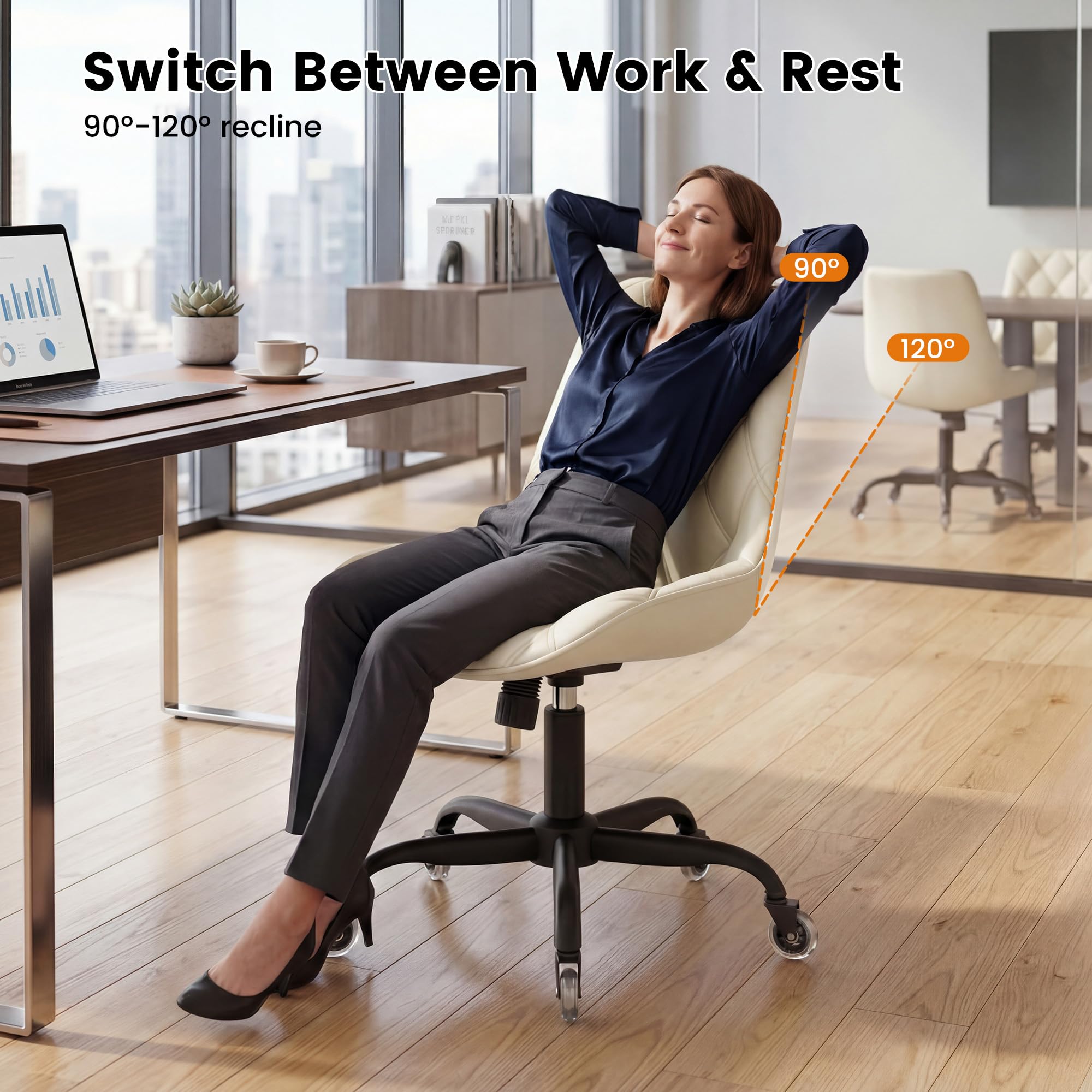 Armless Office Chair, Mid Back Modern Desk Chair with Rubber Wheels, 360 Swivel PU Leather Office Chair No Arms, Adjustable Height Small Computer Chair, Armless Desk Chair for Office, White