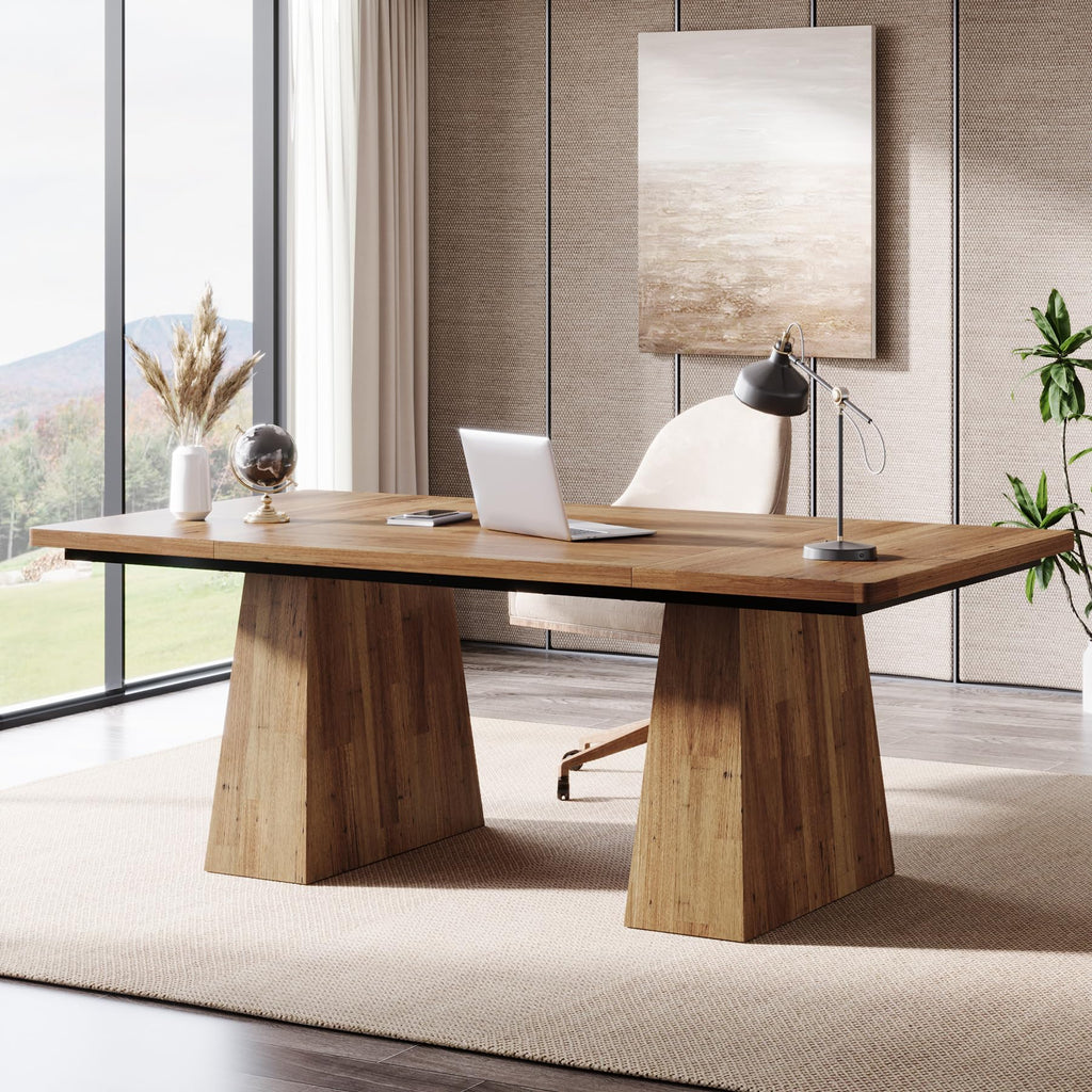 63-Inch Executive Desk, Large Office Computer Desk with Double Pedestal, Modern Simple Workstations Writing Table Conference Table Business Furniture for Home Office, Light Brown