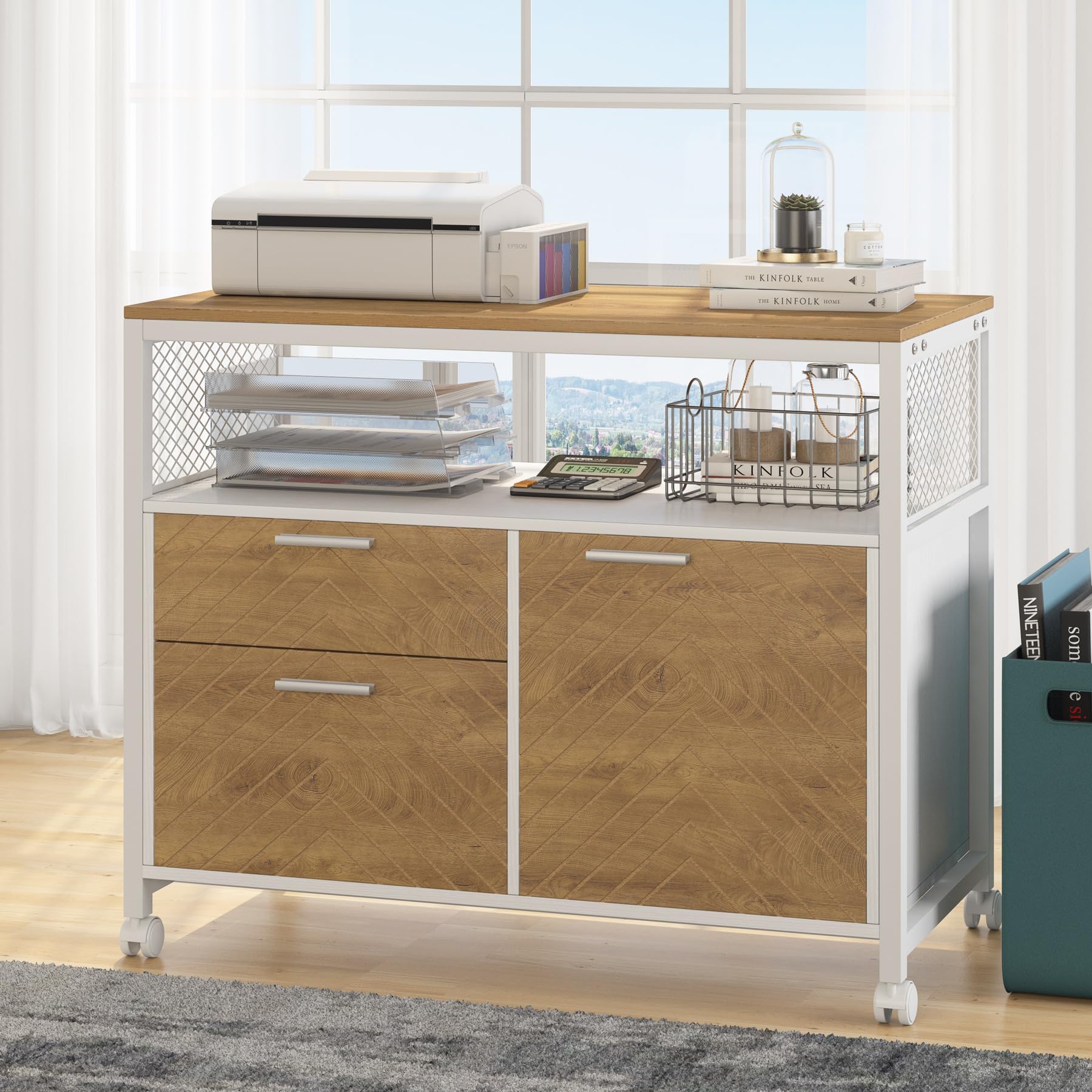 63" Executive Computer Desk and lateral File Cabinet, 2 Piece Home Office Furniture with Drawers for Hanging, Doors with Locks (Light Walnut, 63 inches)