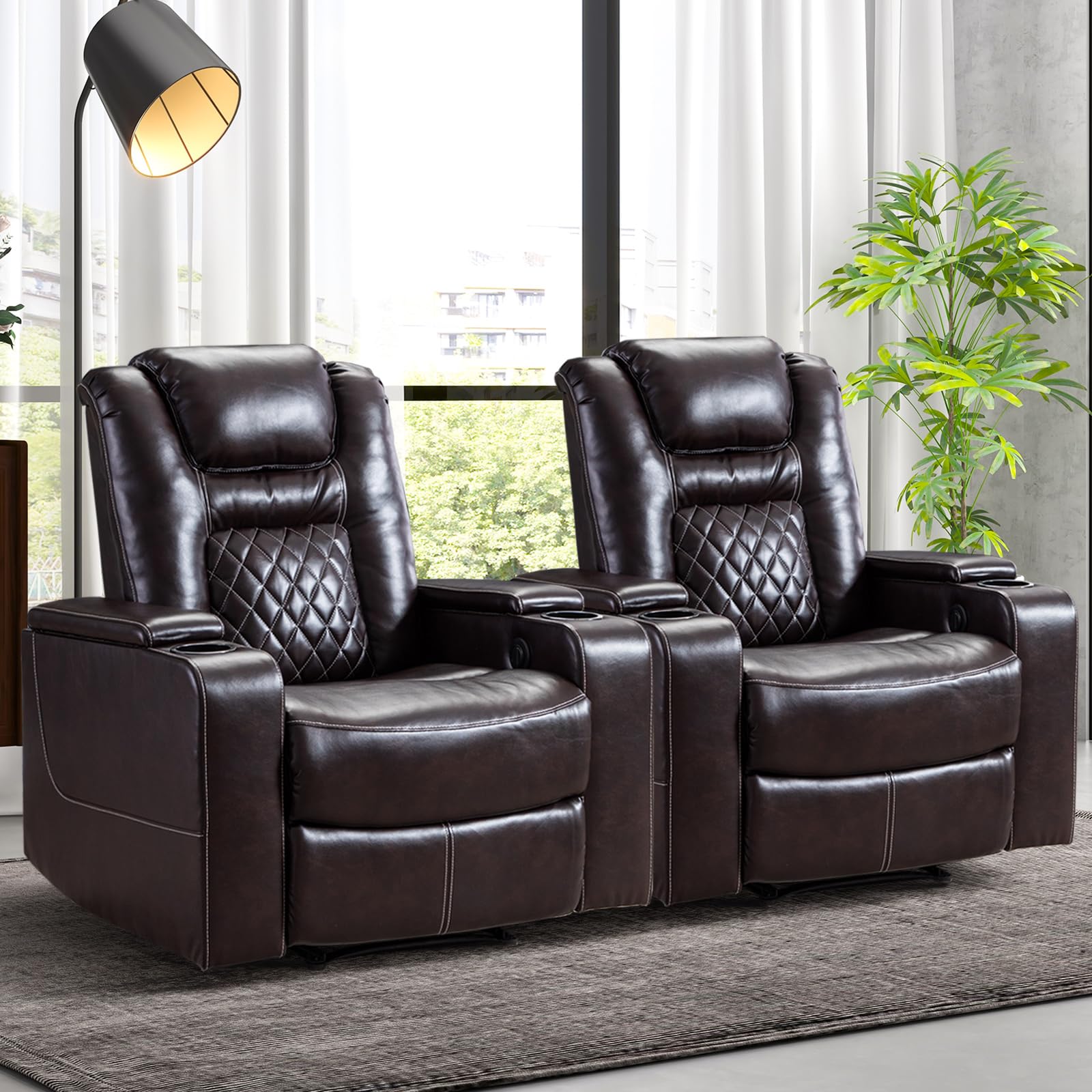 Electric Power Recliner Chair Set of 2, Breathable Leather Home Theater Seating with Hidden Arm Storage, Power Recliner Chair for Living Room with USB Ports and Cup Holders,Brown
