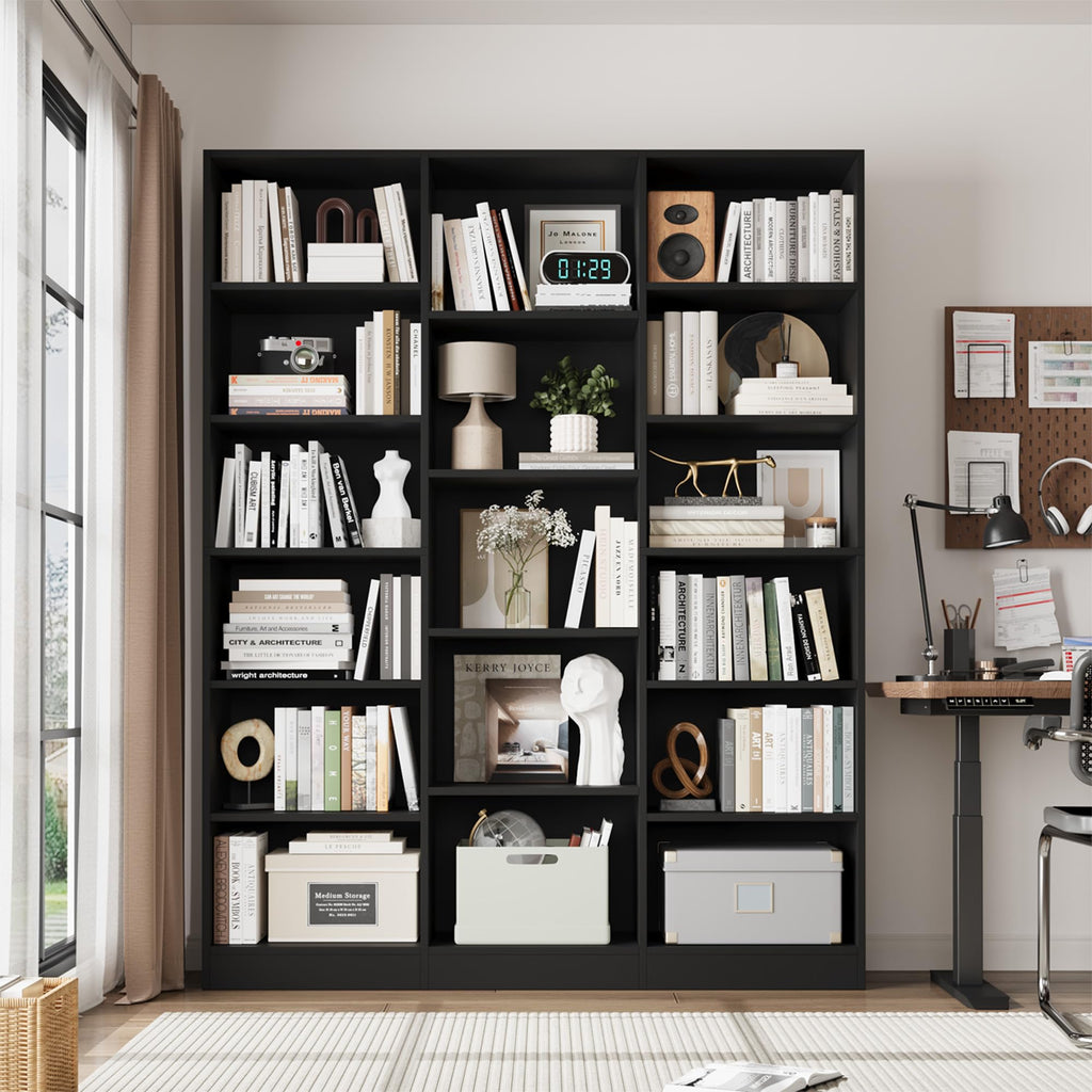 Triple Wide Bookshelf, Large Bookshelf with 17 Display Shelves