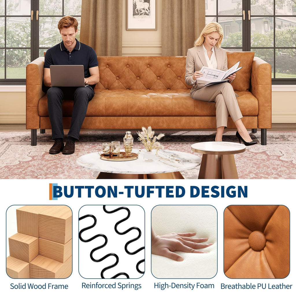 81" Leather Couch, Chesterfield Sofa with Deep Seat, Handmade Button Tufted 3 Seater Sofa, Modern Leather Sofa for Apartment, or Office, Cognac Tan