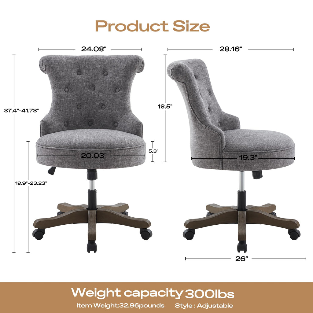 Home Office Chair Upholstered Armless Desk Chair with Wheels Adjustable Height Computer Desk Chair with Wooden Legs Linen Fabric Comfortable Swivel Chairs for Home Office Study Studio (Grey)