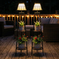 2 Pack Solar Floor Lamps Outdoor with 2-Tier Plant Stand, Metal Tall Planter Holder with Waterproof LED Lantern, Decorative Patio Light & Flower Pot Display Rack for Garden, Deck, Porch, Balcony