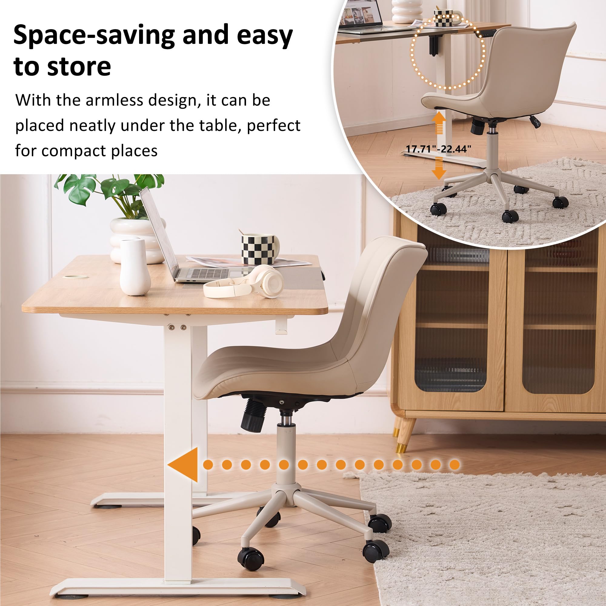 Home Office Desk Chair with Wheels Armless Vanity Chair with Back Comfy Modern Leather Upholstered Rolling Task Chair Swivel Small Cute Sewing Chair No Arms Wide Adjustable Ergonomic Cream