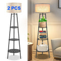 2 PCS Black Floor Lamp with Shelves for Living Room， Standing Lamp，Tall Lamp， Amparas Elegantes para Sala with Linen Shade，Modern Floor Lamp for Living Room，Bedroom or Office（Black ）