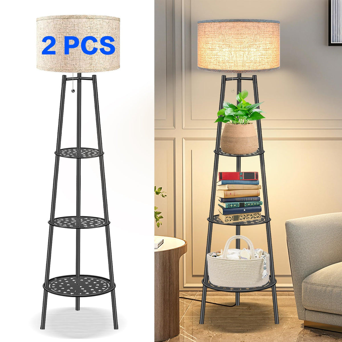 2 PCS Black Floor Lamp with Shelves for Living Room， Standing Lamp，Tall Lamp， Amparas Elegantes para Sala with Linen Shade，Modern Floor Lamp for Living Room，Bedroom or Office（Black ）