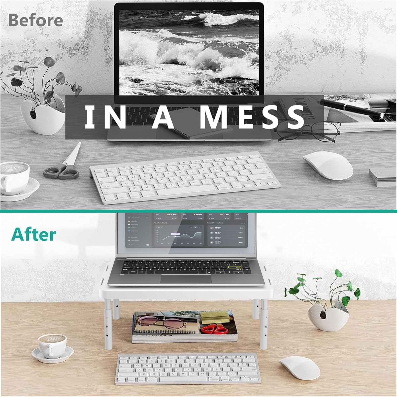 Computer Monitor Stand for Desk, Adjustable Laptop Riser, Desk Monitor Stand Underneath Storage for Office, Home, School Supplies (PTT001-W), 1 Pack, White
