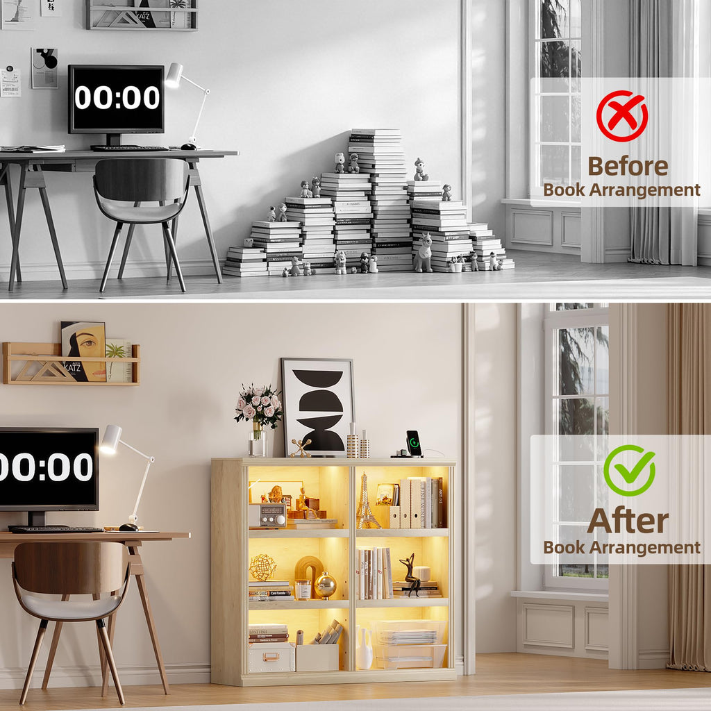 6-Cube LED Bookshelf with Motion Sensor and USB Type-C - Natural Wood