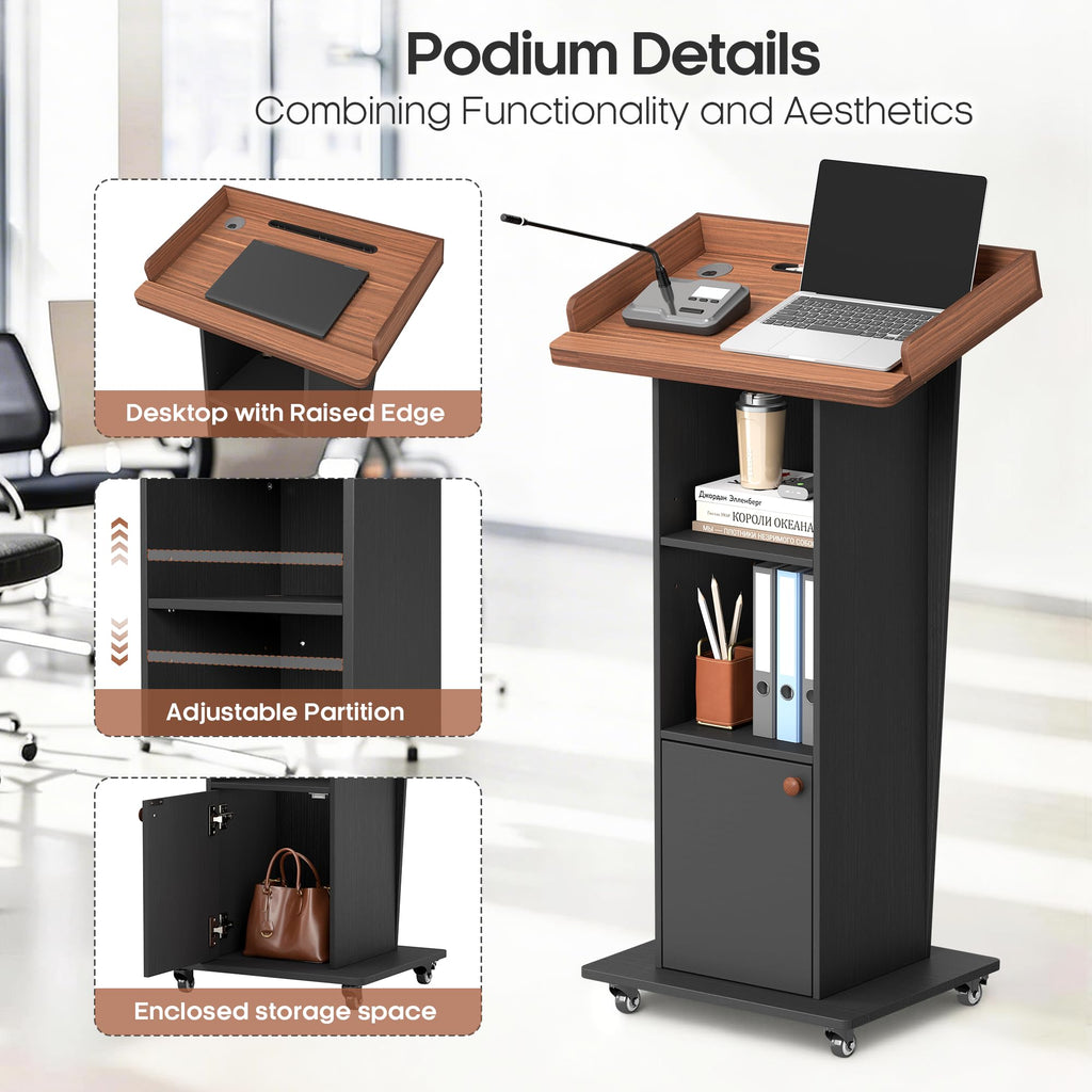 15° Tilted Podium Stand with Storage & Lockable Wheels, Wooden Lectern with Adjustable Shelf, Mobile Portable Pulpit for Classroom, Church, Office (Black Brown)