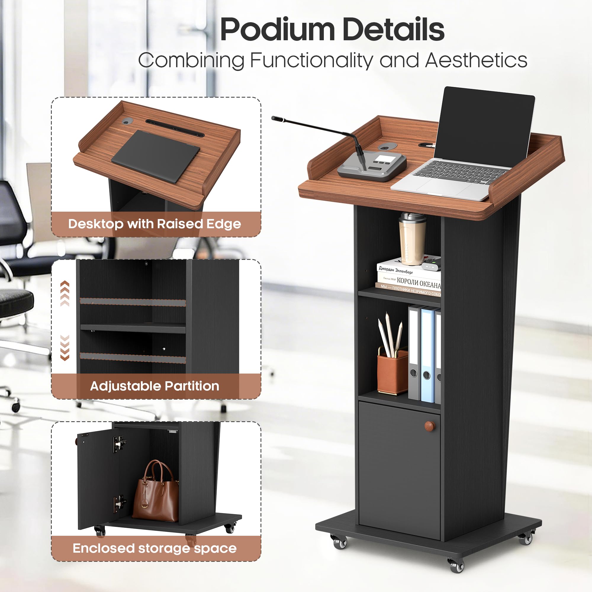 15° Tilted Podium Stand with Storage & Lockable Wheels, Wooden Lectern with Adjustable Shelf, Mobile Portable Pulpit for Classroom, Church, Office (Black Brown)