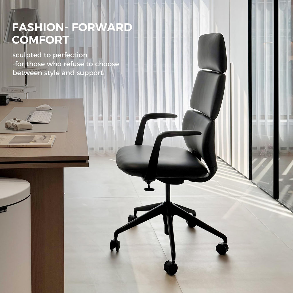 Executive Leather Office Chair, Top Grain Genuine Leather Executive Chair High Back with headrest, Adjustable Tilt & Height, Ergonomic Swivel Chair with Wheels (Black)