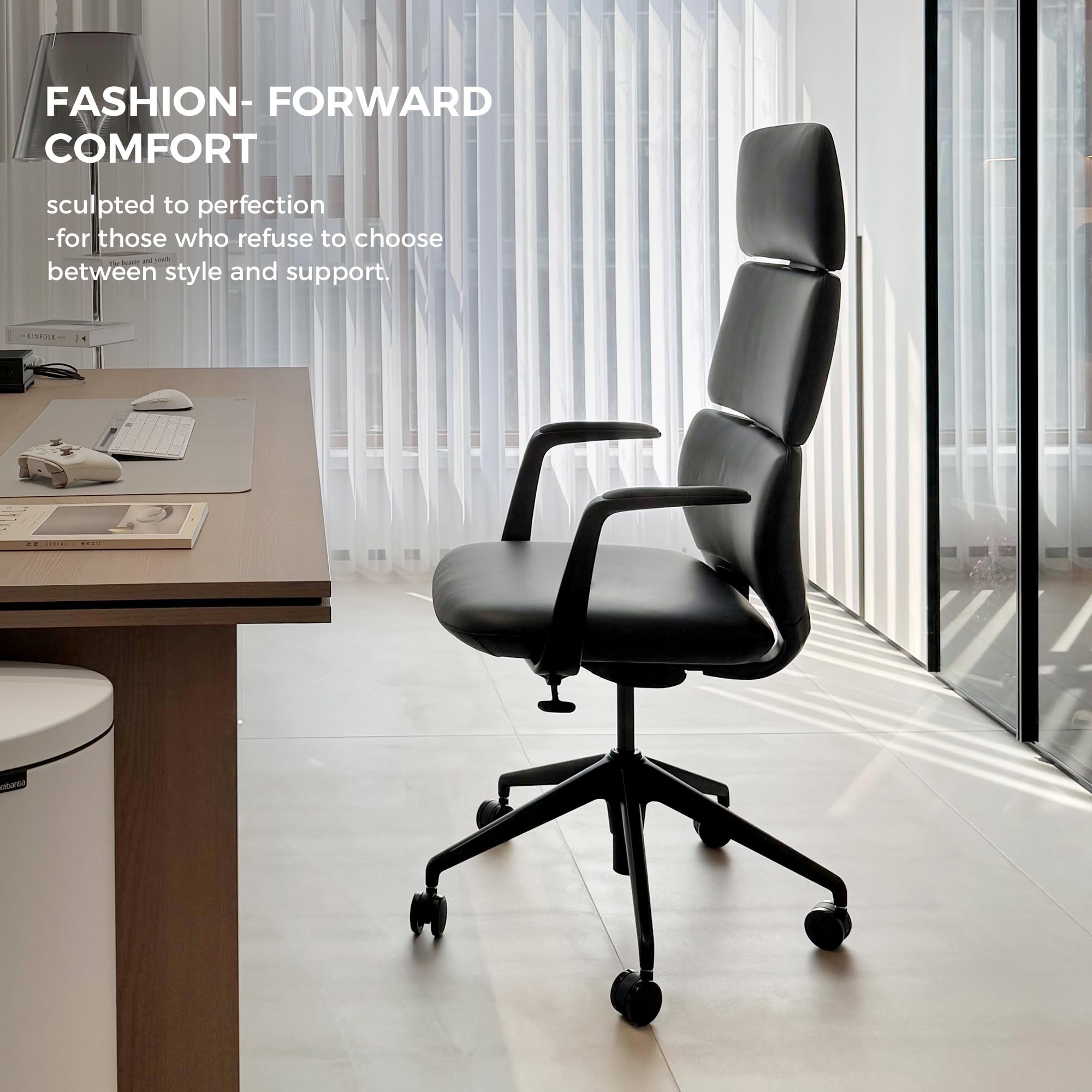 Executive Leather Office Chair, Top Grain Genuine Leather Executive Chair High Back with headrest, Adjustable Tilt & Height, Ergonomic Swivel Chair with Wheels (Black)