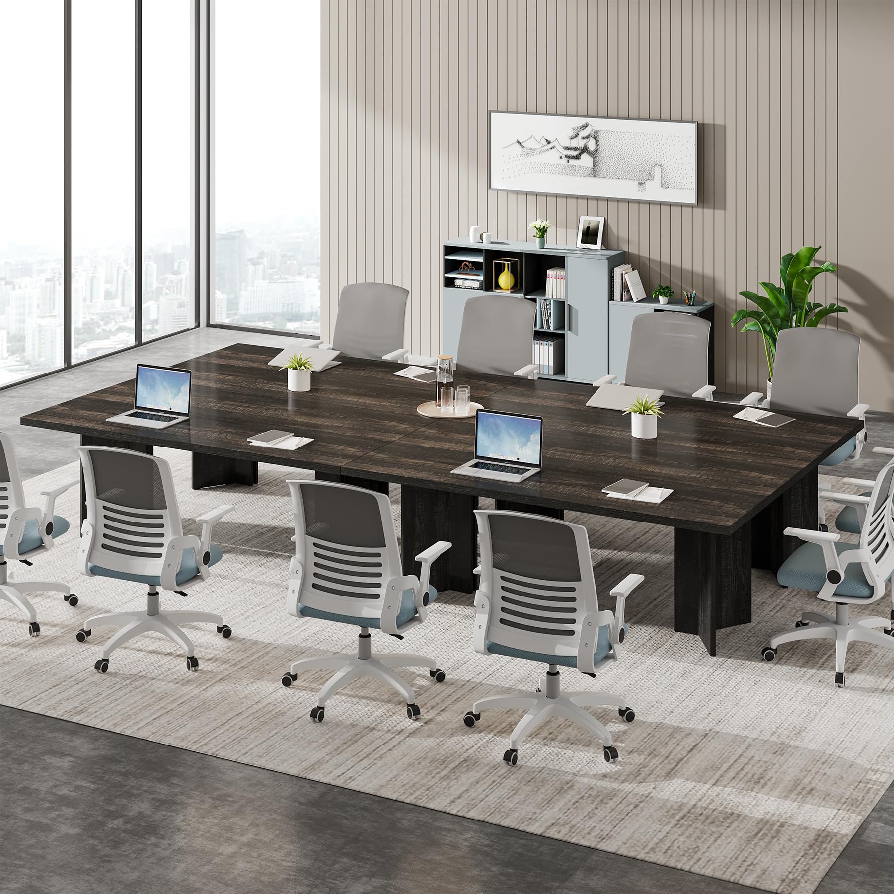 10.5FT Conference Table, Large Rectangle Meeting Seminar Table for 12-14 Person, Long Wooden Business Tables (Set of 4, Dark Gray)
