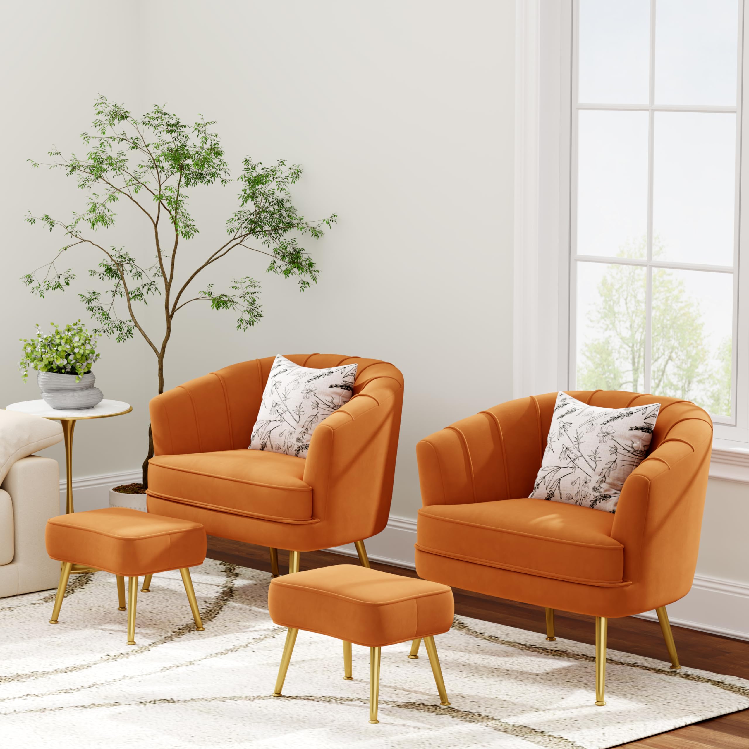 Velvet Accent Chair with Ottoman,Upholstered Modern Single Sofa Side Chair,Comfy Barrel Club Living Room Armchair with Golden Metal Legs for Office Bedroom Living Reading Room ,Caramel Orange