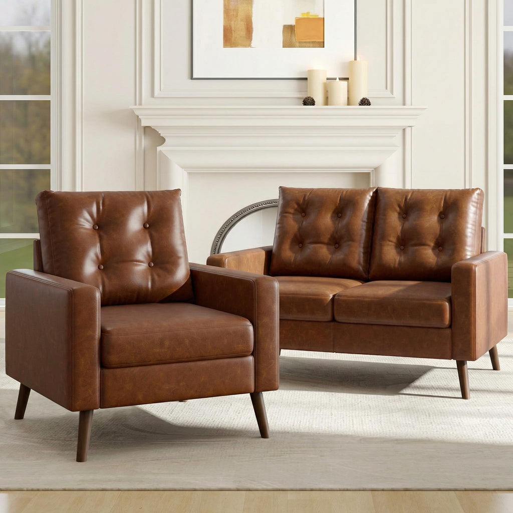 Set of 2 Mid Century Modern Armchair, Button Tufted Faux Leather Accent Chair with Arm, Upholstered Club Chair for Office, Living Room, Bedroom, Rubber Wood Legs, Caramel