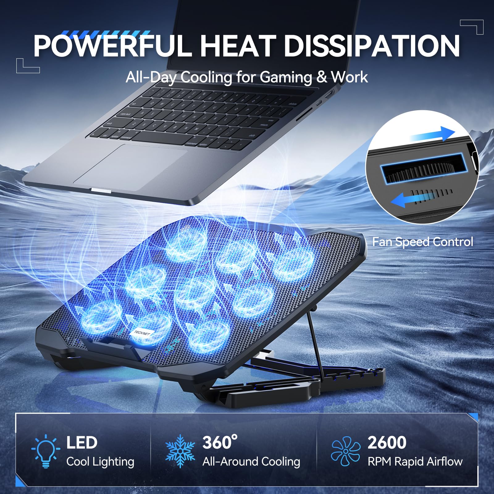 Laptop Cooling Pad with Phone Stand, 9 Quiet Fans with LED Lights, 5 Height Adjustable & 2 USB Ports, Stepless Speed Control to 2600 RPM Laptop Cooler, Laptop Cooling Stand for 12-17.3 Inch