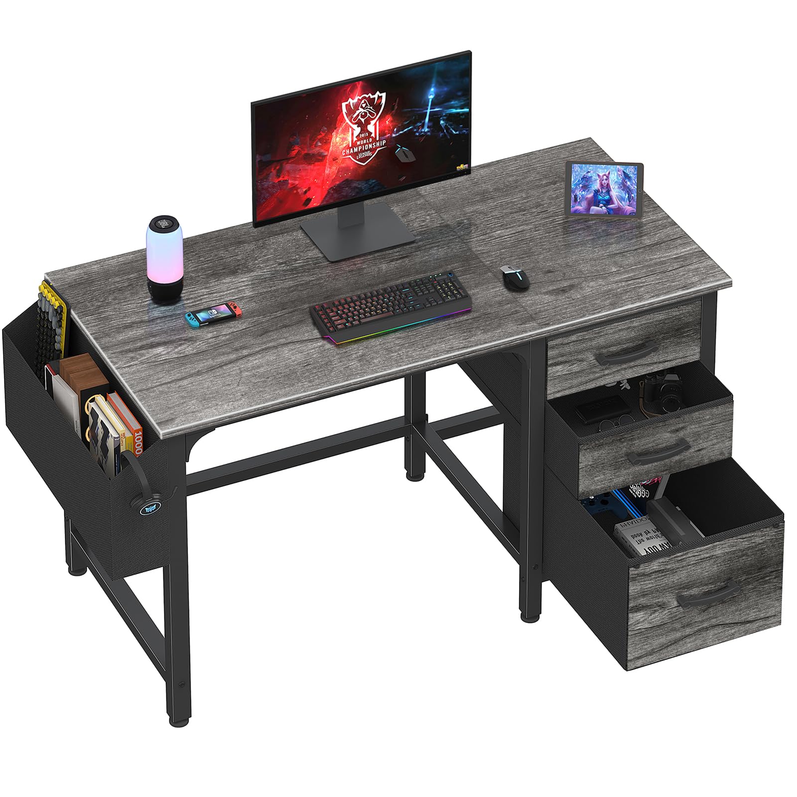 Computer Desk with File Drawers Cabinet, 47 Inch Home Office Desks with Filing Cabinet for Small Space, Gaming Study Writing Table PC Desks, Gray
