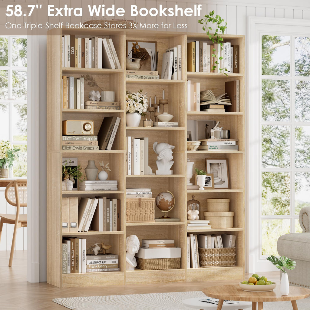 Triple Wide Bookshelf, Large Bookshelf with 17 Display Shelves