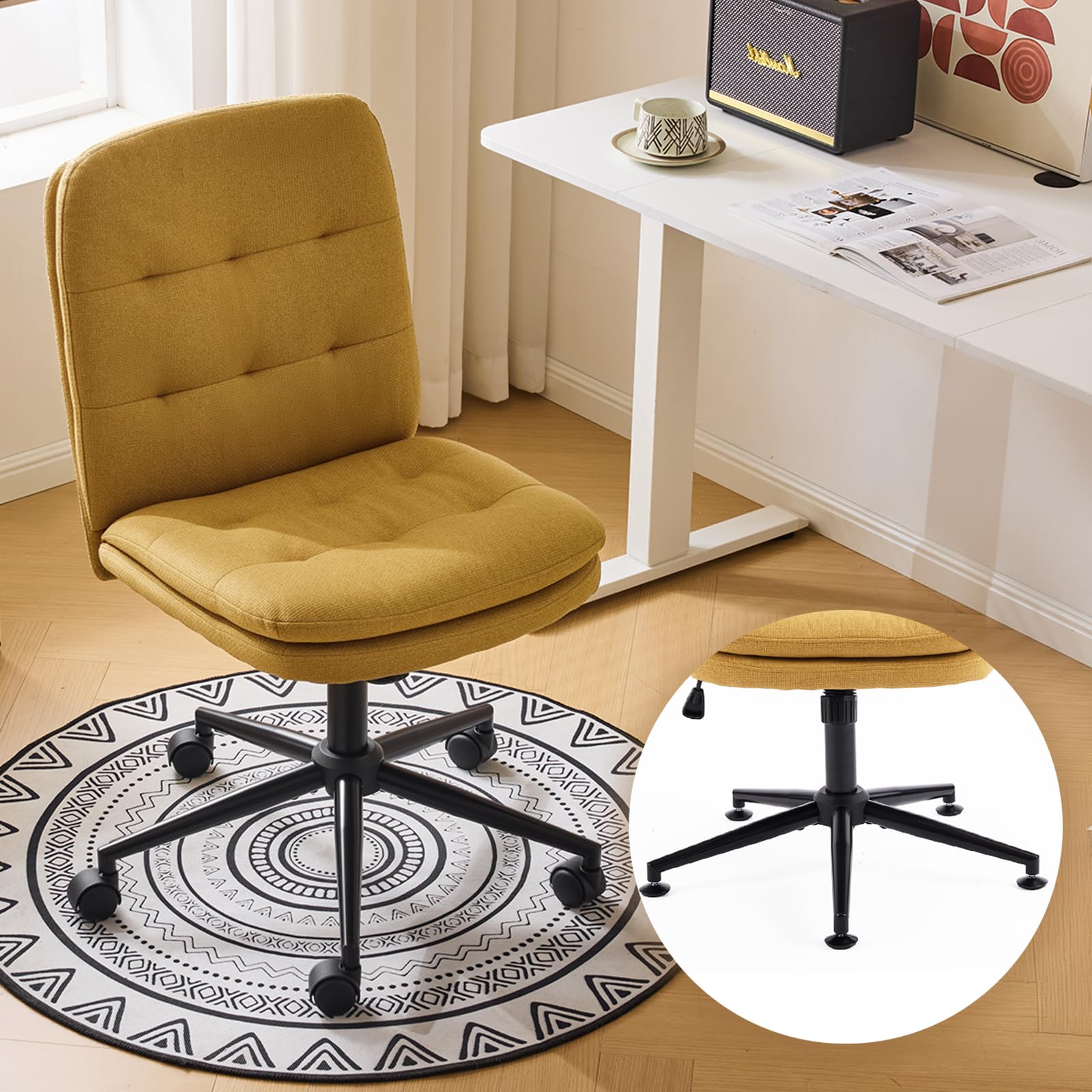 Mid Back Armless Office Desk Chair with Wheels/no Wheels,360°Rocking Swivel Vanity Chair with Thickened Cushion,Adjustable Height Rolling for Reading Room, Make up, Linen Ginger Yellow