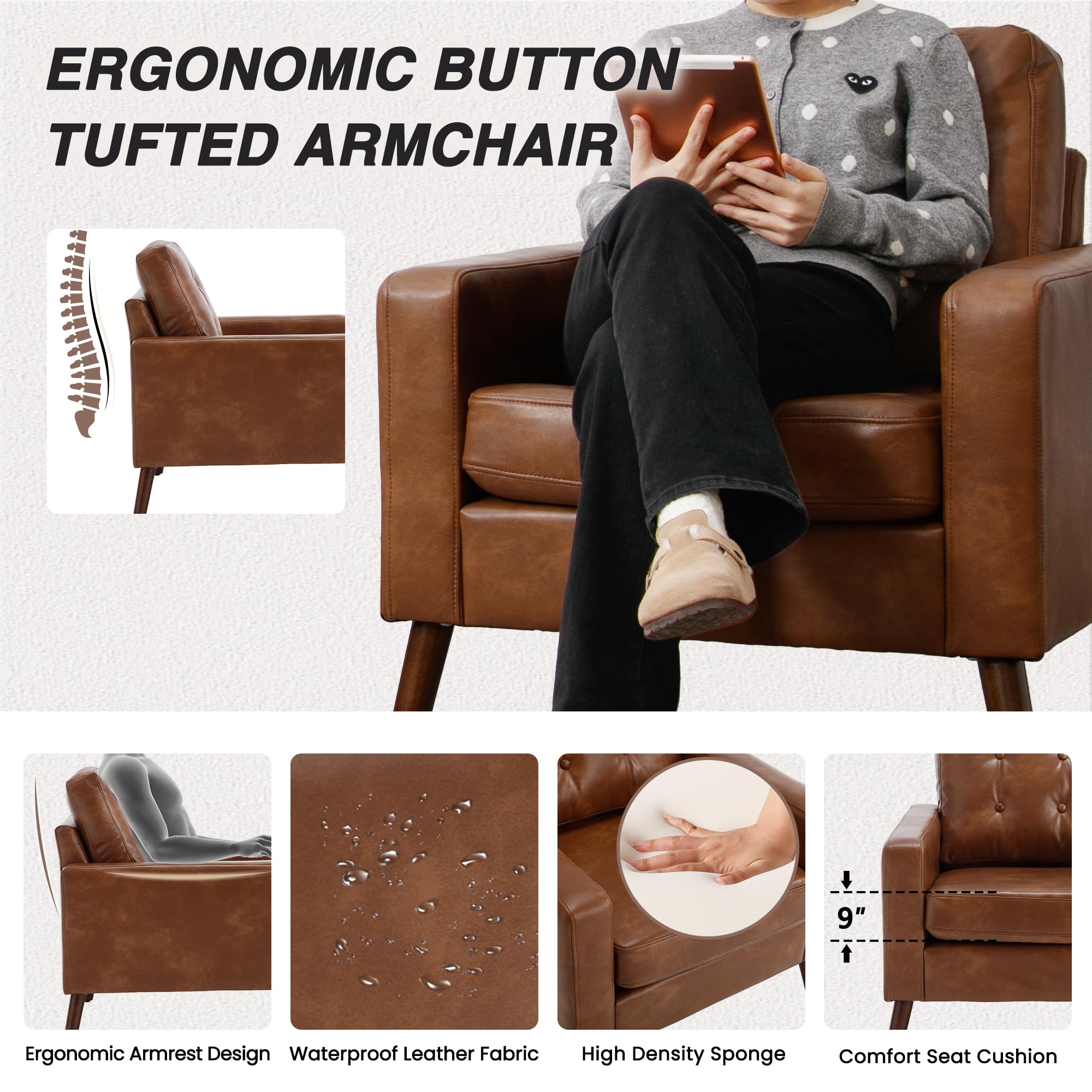 Set of 2 Mid Century Modern Armchair, Button Tufted Faux Leather Accent Chair with Arm, Upholstered Club Chair for Office, Living Room, Bedroom, Rubber Wood Legs, Caramel
