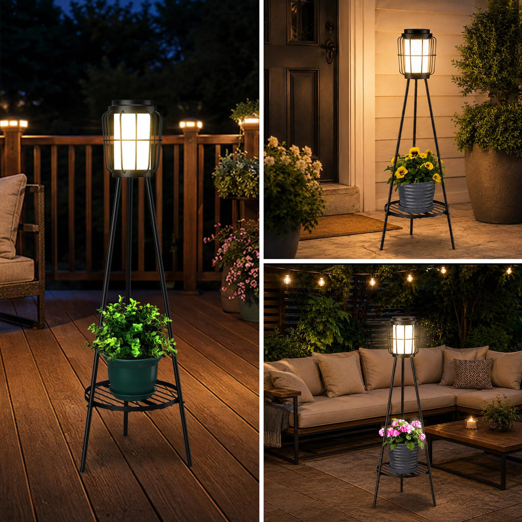2 Pack Solar Lights with Plant Stand, Outdoor Floor Lamps, Waterproof Solar Powered Floor Lamps for Patio Deck Porch Yard Garden Decor