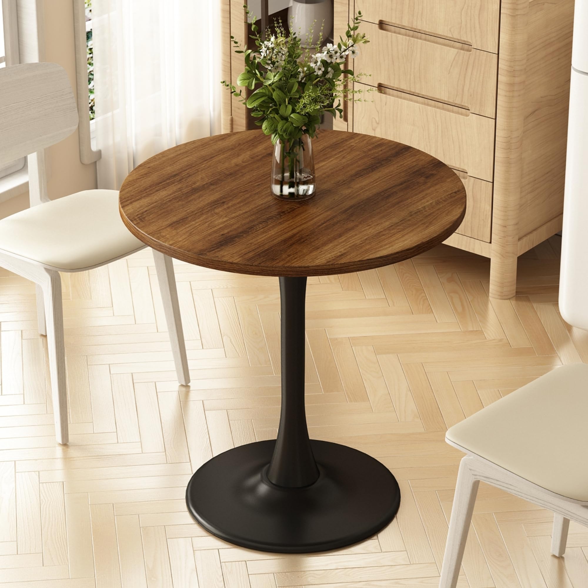 Kasinali Round Dining Table 27.5" Circle Tulip Table with Wood Thickened Tabletop & Sturdy Metal Pedestal Mid Century Modern Farmhouse Kitchen Tables for 4 Small Places Living Room Cafe,Somber Walnut