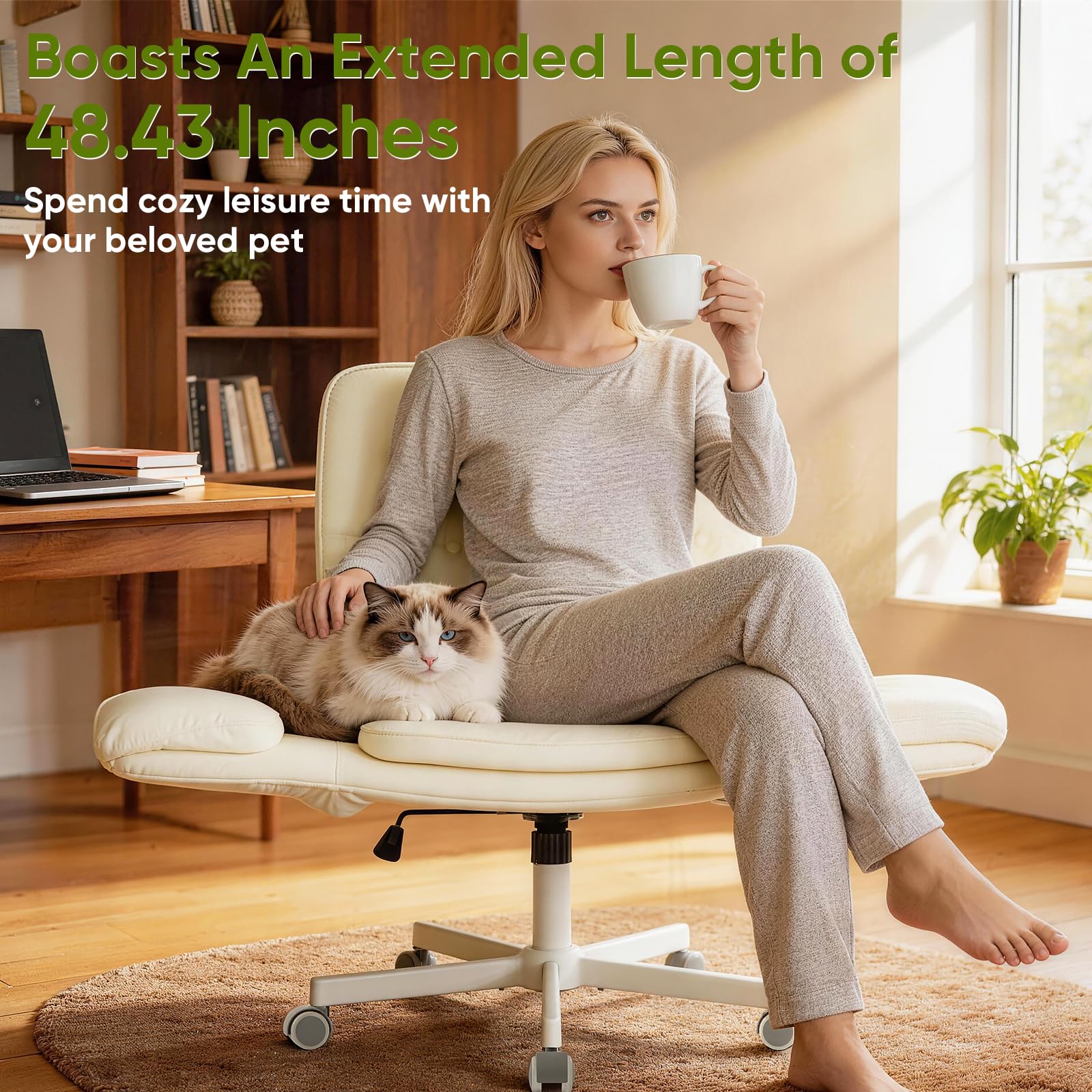 Criss Cross Chair with Wheels & Armrests, Scratch-Resistant PU Leather Vanity Chair, Comfy Wide Height Adjustable Computer Office Desk Chair for Home Office, Make Up, Bedroom (Cream)
