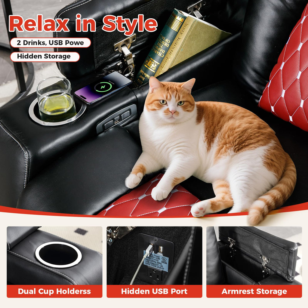 Power Recliner Chair Set of 4,Home Theater Seating with Adjustable Headrest,Cup Holders,USB Port,Hidden Arm Storage(Black)