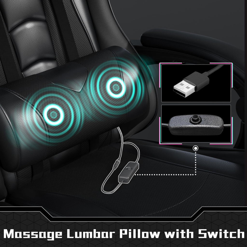 Gaming Chair, Video Game Chair with Massage Lumbar Support and Footrest Height Adjustable Ergonomic Computer Chair with Swivel Seat and Headrest, Full Black