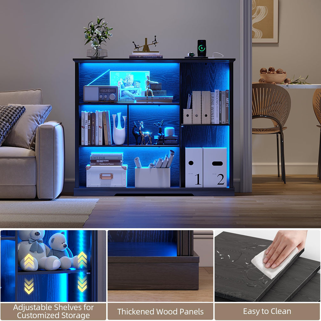 LED Display Bookcase with 3 Tiers and USB Charging - Black