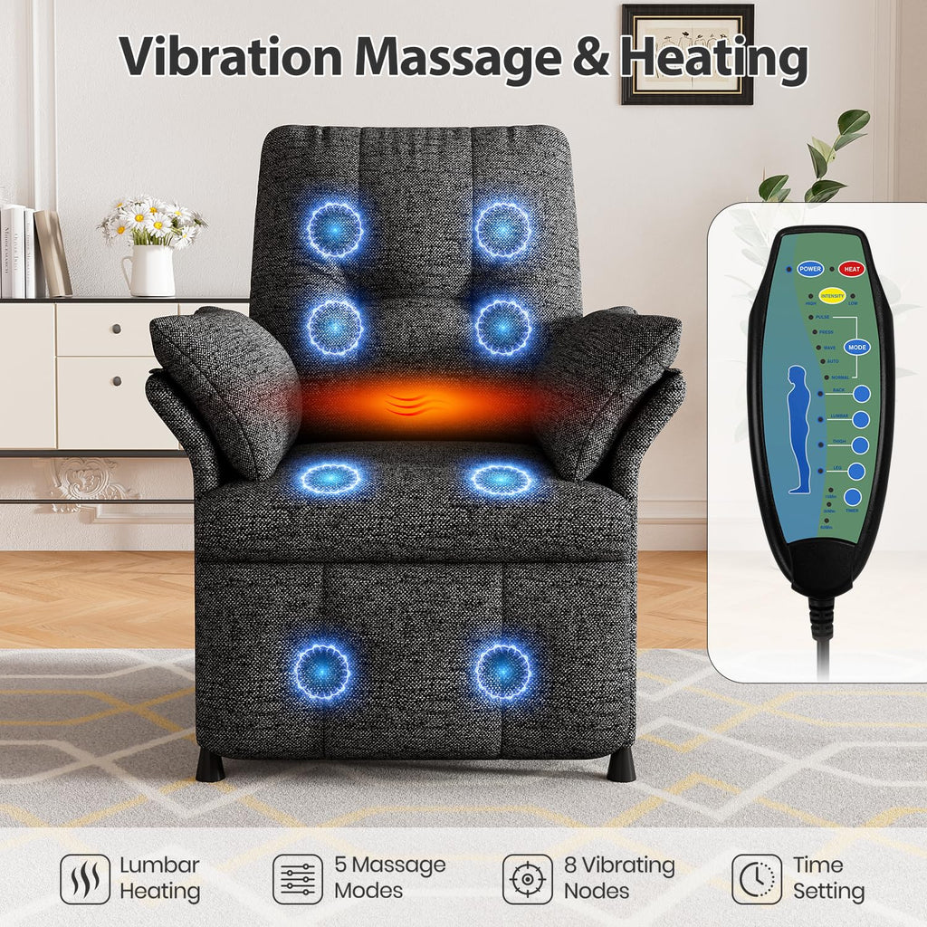 Power Recliner Chair for Adults with Heat & Massage - Linen Electric Reclining Sofa with Remote Control, 3 Side Pockets, 180° Lay Sleeper for Home Theater Living Room, Dark Grey