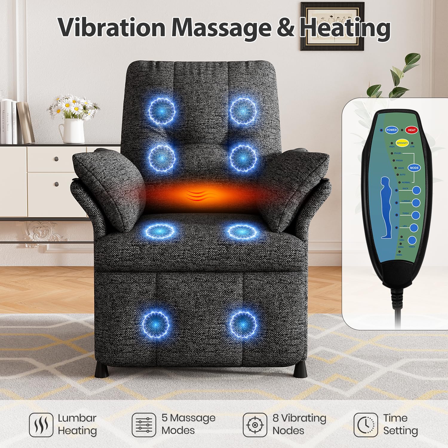 Power Recliner Chair for Adults with Heat & Massage - Linen Electric Reclining Sofa with Remote Control, 3 Side Pockets, 180° Lay Sleeper for Home Theater Living Room, Dark Grey