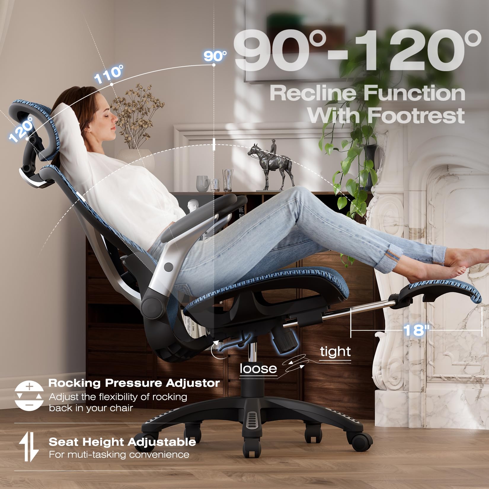 X100 Ergonomic Office Chair with Footrest, Big and Tall Home Desk Chair with 5D Flip-Up Arms, Adjustable 3D Lumbar Support,High Back Rolling Computer Chair, Swivel Mesh Chairs (Oaxaca Blue)