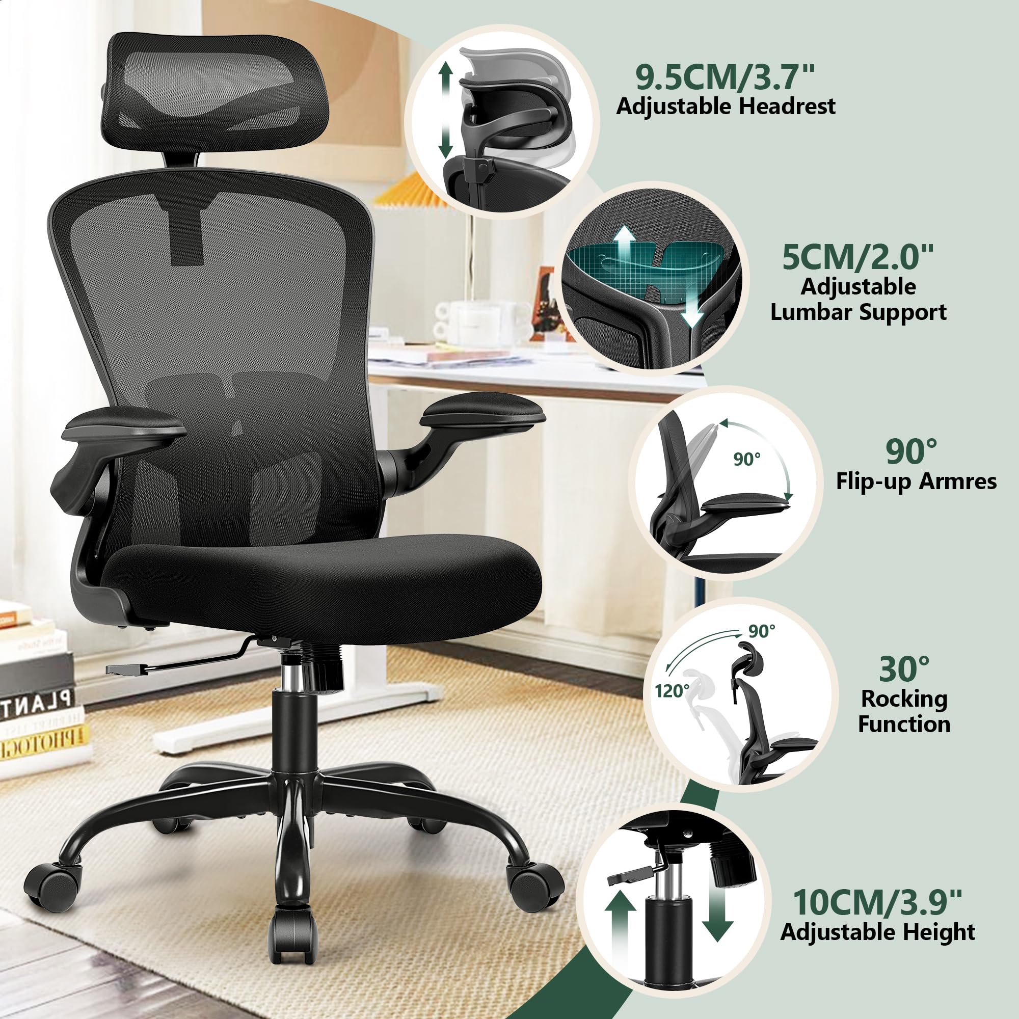 Office Chair Ergonomic Desk Chair with Headrest, High Back Computer with Adjustable Lumbar Support and Wheels,Executive Swivel Comfy with flip-up Armrests for Home Office