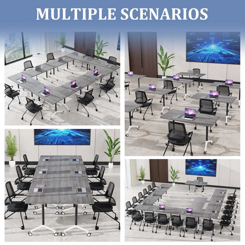 Conference Room Tables White,Folding Rectangular Flip Top Conference Table with Wheels for Large Meeting Seminar Home Office Classr (6, Grey, 70.8in)
